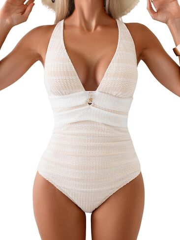 Women's Deep V Neck One Piece Swimsuit Textured Bathing Suit Sexy Cutout Cross Tie Back Tummy Control Swimwear in Kuwait