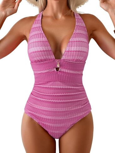 Women's Deep V Neck One Piece Swimsuit Textured Bathing Suit Sexy Cutout Cross Tie Back Tummy Control Swimwear in Kuwait