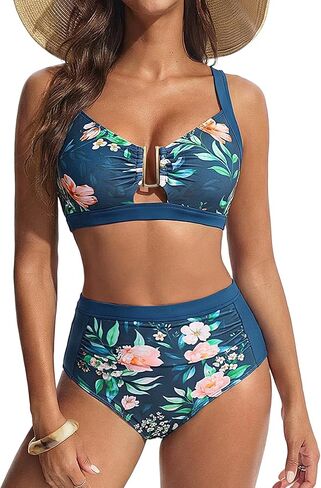 Hanna Nikole Womens High Waisted Bikini Sets, Slimming Modest Tummy Control Swimsuits, Cutout Crisscross Curvy Swimwear in Saudi Arabia