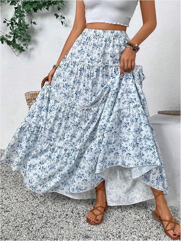 تنورة Floerns البناتية ذات الأزهار الطويلة بخصر مطاطي وحاشية كشكشة متدرجة تنانير صيفية على شكل حرف A in Kuwait