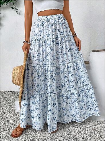 تنورة Floerns البناتية ذات الأزهار الطويلة بخصر مطاطي وحاشية كشكشة متدرجة تنانير صيفية على شكل حرف A in Kuwait