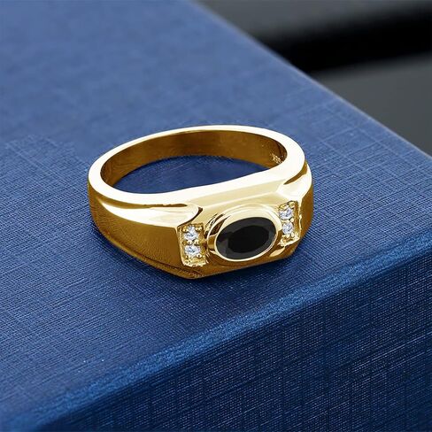 Gem Stone King Men's 18K Yellow Gold Plated Silver Black Onyx and White Moissanite Ring | 1.75 Cttw | Gemstone December Birthstone | Oval 8X6MM | Available In Size 7, 8, 9, 10, 11, 12, 13 in Saudi Arabia