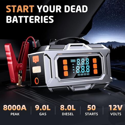 Jump Starter with Air Compressor, 8000A Car Battery Jump Starter (9.0 Gas/8.0L Diesel), 180PSI Car Battery Jumper Starter Portable 12V Jump Box with Jumper Cables, LED Light, Power Bank, LCD Display in Kuwait