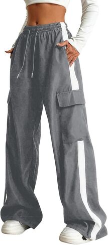 Girls Cargo Pants Baggy Trendy Casual Straight Wide Leg Track Pants Striped Joggers with Pockets Athletic Streetwear in Saudi Arabia