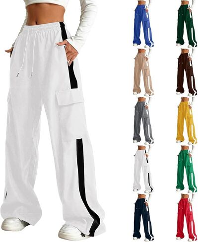 Girls Cargo Pants Baggy Trendy Casual Straight Wide Leg Track Pants Striped Joggers with Pockets Athletic Streetwear in Saudi Arabia