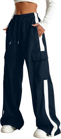Girls Cargo Pants Baggy Trendy Casual Straight Wide Leg Track Pants Striped Joggers with Pockets Athletic Streetwear in Saudi Arabia