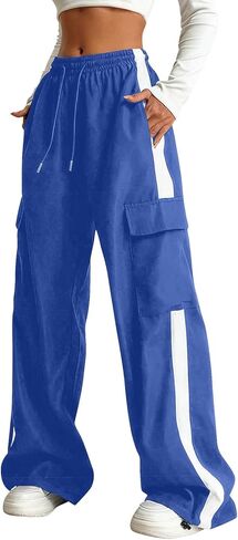Girls Cargo Pants Baggy Trendy Casual Straight Wide Leg Track Pants Striped Joggers with Pockets Athletic Streetwear in Saudi Arabia