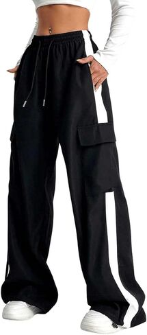 Girls Cargo Pants Baggy Trendy Casual Straight Wide Leg Track Pants Striped Joggers with Pockets Athletic Streetwear in Saudi Arabia