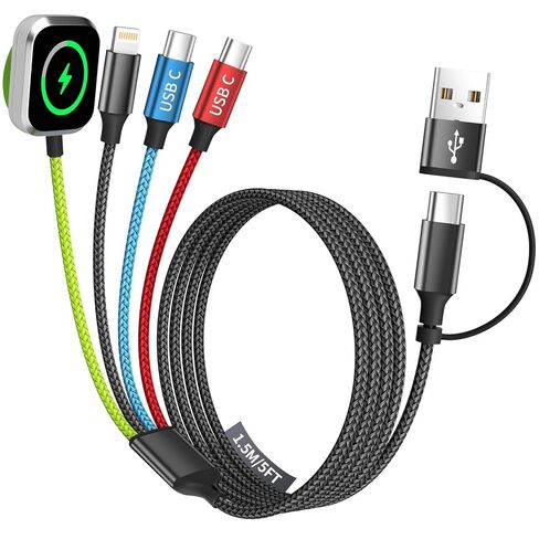 أساسيات السفر 4 في 2 كبل شحن متعدد الشحن لشاحن Apple iWatch ، USB A/USB C سلك شاحن متعدد لصالح IWatch Ultra/SE/10-2 ، iPhone 17-11 ، Galaxy S25-21 ، iPad (2pack 5ft) in Saudi Arabia