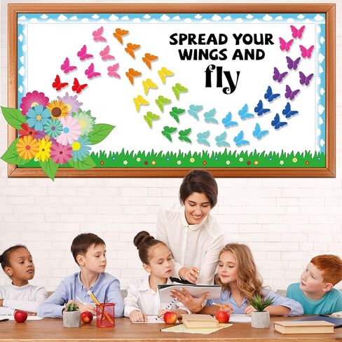 Spring Butterfly Flower Bulletin Board Set Spread Your Wings and Fly Classroom Bulletin Board Decors Colorful 3D Butterflies Name Tags for Back to School Office Home Chalkboard Wall Door Supplies in Saudi Arabia