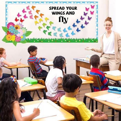 Spring Butterfly Flower Bulletin Board Set Spread Your Wings and Fly Classroom Bulletin Board Decors Colorful 3D Butterflies Name Tags for Back to School Office Home Chalkboard Wall Door Supplies in Saudi Arabia