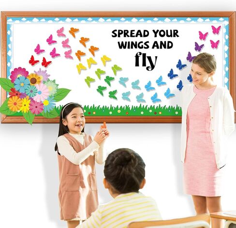 Spring Butterfly Flower Bulletin Board Set Spread Your Wings and Fly Classroom Bulletin Board Decors Colorful 3D Butterflies Name Tags for Back to School Office Home Chalkboard Wall Door Supplies in Saudi Arabia