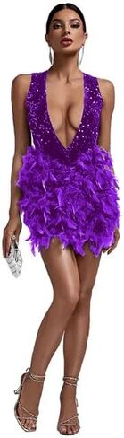 Summer Deep V Neck Green Open Back Sexy Sequin Club Dress Ostrich Feather Cocktail Dresses Formal Elegant in Saudi Arabia