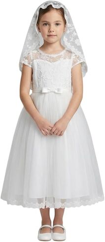 LalaMira Girls White Lace First Communion Dress with Veil - Tulle Flower Girl Dress with Pearl Button Back & Satin Bow in Kuwait