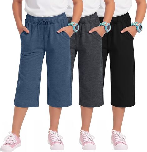 3 Pack Girls' Capri Pants with Pockets Wide Leg Drawstring Capris Summer Kid Loose Straight Cropped Sweatpant 5-14Y in Kuwait