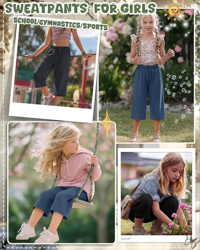 3 Pack Girls' Capri Pants with Pockets Wide Leg Drawstring Capris Summer Kid Loose Straight Cropped Sweatpant 5-14Y in Kuwait