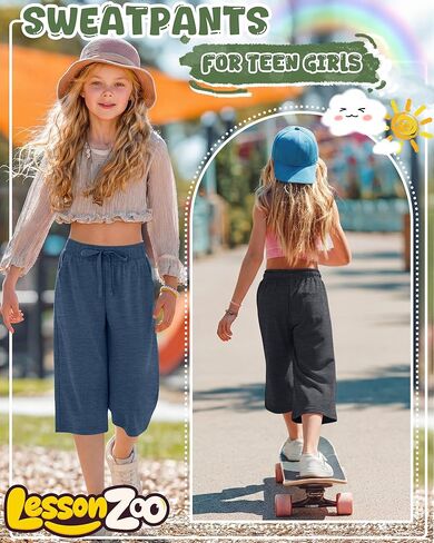 3 Pack Girls' Capri Pants with Pockets Wide Leg Drawstring Capris Summer Kid Loose Straight Cropped Sweatpant 5-14Y in Kuwait