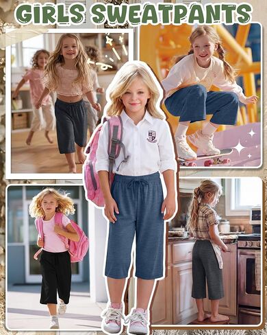 3 Pack Girls' Capri Pants with Pockets Wide Leg Drawstring Capris Summer Kid Loose Straight Cropped Sweatpant 5-14Y in Kuwait