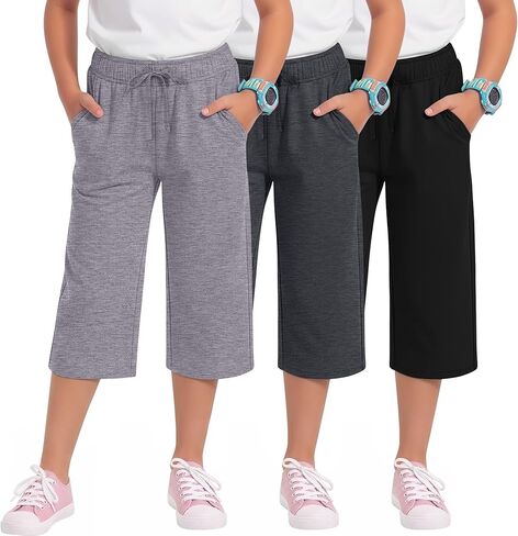 3 Pack Girls' Capri Pants with Pockets Wide Leg Drawstring Capris Summer Kid Loose Straight Cropped Sweatpant 5-14Y in Kuwait
