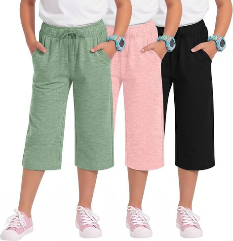 3 Pack Girls' Capri Pants with Pockets Wide Leg Drawstring Capris Summer Kid Loose Straight Cropped Sweatpant 5-14Y in Kuwait