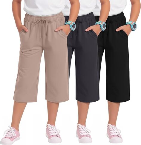 3 Pack Girls' Capri Pants with Pockets Wide Leg Drawstring Capris Summer Kid Loose Straight Cropped Sweatpant 5-14Y in Kuwait