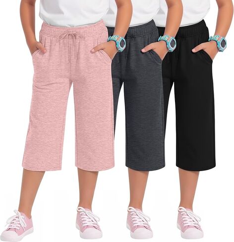 3 Pack Girls' Capri Pants with Pockets Wide Leg Drawstring Capris Summer Kid Loose Straight Cropped Sweatpant 5-14Y in Kuwait