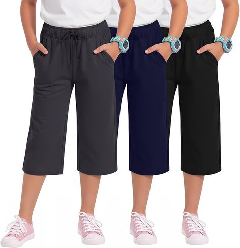 3 Pack Girls' Capri Pants with Pockets Wide Leg Drawstring Capris Summer Kid Loose Straight Cropped Sweatpant 5-14Y in Kuwait