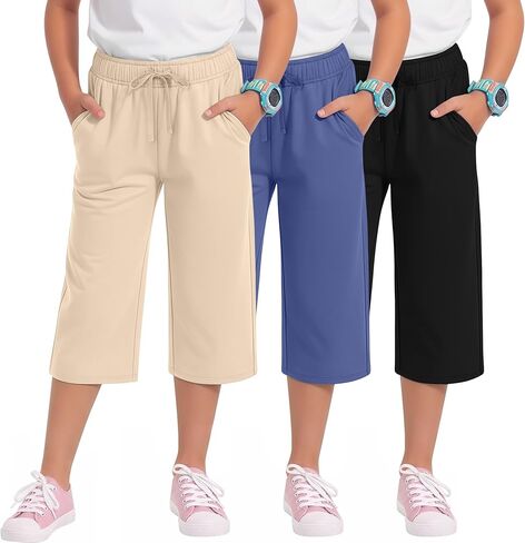 3 Pack Girls' Capri Pants with Pockets Wide Leg Drawstring Capris Summer Kid Loose Straight Cropped Sweatpant 5-14Y in Kuwait