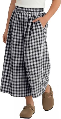 Girl's Wide Leg Capri Pants Casual Baggy Plaid Cropped Culottes Elastic Waist Gingham Capris with Pockets in Saudi Arabia
