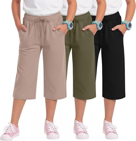 3 Pack Girls' Capri Pants with Pockets Wide Leg Drawstring Capris Summer Kid Loose Straight Cropped Sweatpant 5-14Y in Kuwait