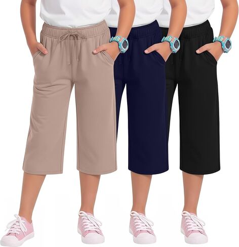 3 Pack Girls' Capri Pants with Pockets Wide Leg Drawstring Capris Summer Kid Loose Straight Cropped Sweatpant 5-14Y in Kuwait