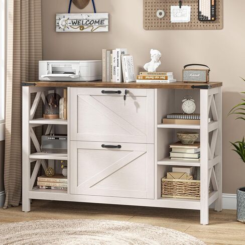 خزانة ملفات جانبية مقاس 44 بوصة مع أرفف قابلة للتعديل، خزانة ملفات ذات درجين لبيت المزرعة مع قفل للملفات القانونية/A4/Letter، حامل طابعة خشبي، خزانات تخزين أثاث المكاتب للمكتب المنزلي، أبيض ريفي in Kuwait