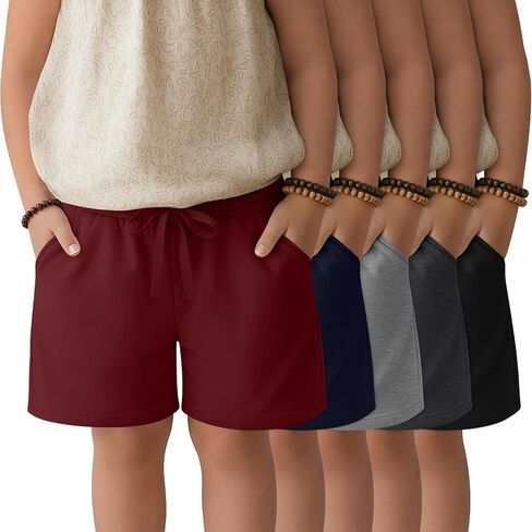 5 Pack Girls' Bermuda Shorts Knee Length Summer Long Shorts for Kids Drawstring Athletic Shorts with Pockets 5-14Y in Kuwait
