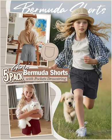 5 Pack Girls' Bermuda Shorts Knee Length Summer Long Shorts for Kids Drawstring Athletic Shorts with Pockets 5-14Y in Kuwait