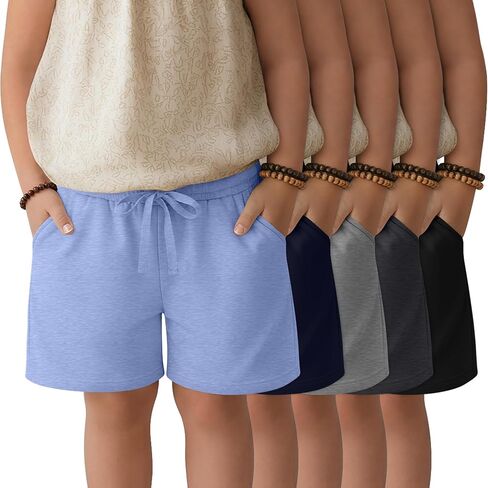 5 Pack Girls' Bermuda Shorts Knee Length Summer Long Shorts for Kids Drawstring Athletic Shorts with Pockets 5-14Y in Kuwait