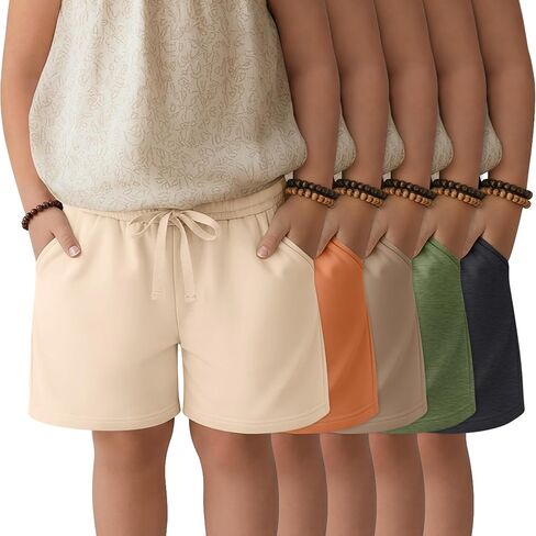 5 Pack Girls' Bermuda Shorts Knee Length Summer Long Shorts for Kids Drawstring Athletic Shorts with Pockets 5-14Y in Kuwait
