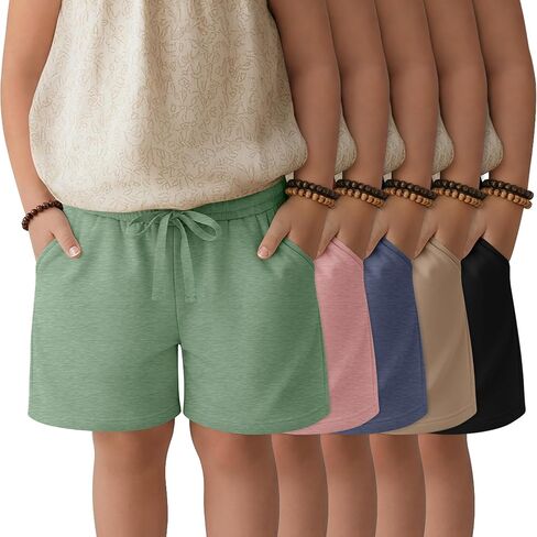 5 Pack Girls' Bermuda Shorts Knee Length Summer Long Shorts for Kids Drawstring Athletic Shorts with Pockets 5-14Y in Kuwait