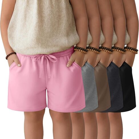 5 Pack Girls' Bermuda Shorts Knee Length Summer Long Shorts for Kids Drawstring Athletic Shorts with Pockets 5-14Y in Kuwait
