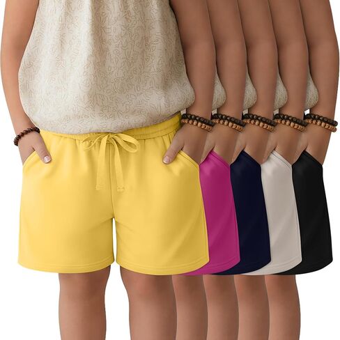 5 Pack Girls' Bermuda Shorts Knee Length Summer Long Shorts for Kids Drawstring Athletic Shorts with Pockets 5-14Y in Kuwait