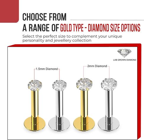 Lab Grown Diamond 14K من الذهب الصلب مقاس 16 مقياس - طول 8 مم لابريت مجوف - ثقب شريط الزنمة - مسمار اللولب - مجوهرات ثقب الشفاه للجسم in Kuwait