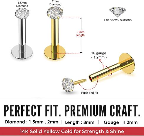 Lab Grown Diamond 14K من الذهب الصلب مقاس 16 مقياس - طول 8 مم لابريت مجوف - ثقب شريط الزنمة - مسمار اللولب - مجوهرات ثقب الشفاه للجسم in Kuwait