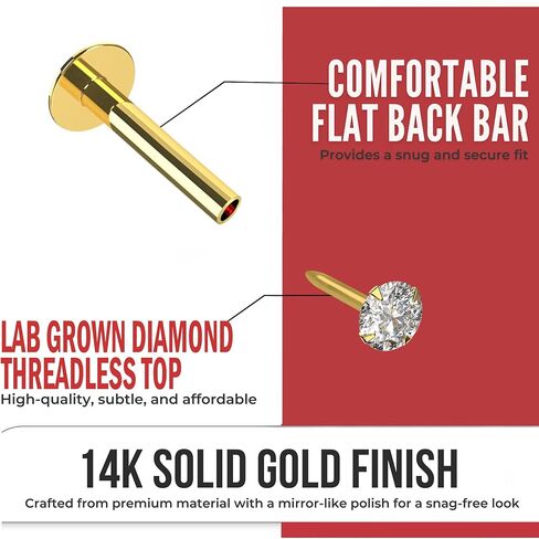Lab Grown Diamond 14K من الذهب الصلب مقاس 16 مقياس - طول 8 مم لابريت مجوف - ثقب شريط الزنمة - مسمار اللولب - مجوهرات ثقب الشفاه للجسم in Kuwait