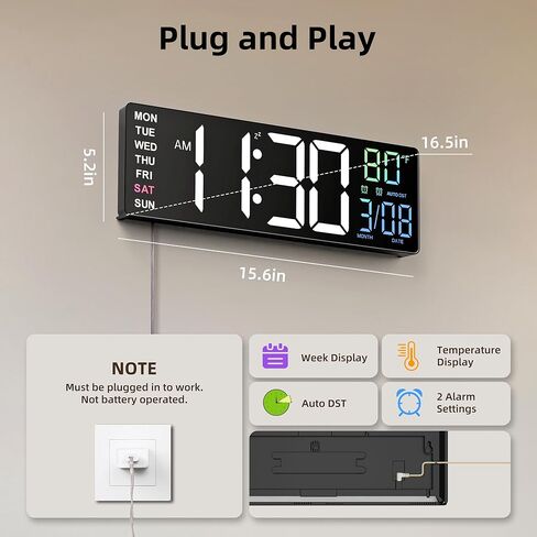 16.5" Large Digital Wall Clock with Anti-Glare Display, RGB Lights with 10 Scenes Mode Remote Control, Adjustable Brightness, Dual Alarms, Auto DST, BT Sync, Temperature for Living Room in Kuwait