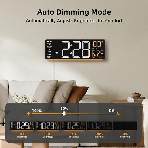 16.5" Large Digital Wall Clock with Anti-Glare Display, RGB Lights with 10 Scenes Mode Remote Control, Adjustable Brightness, Dual Alarms, Auto DST, BT Sync, Temperature for Living Room in Kuwait