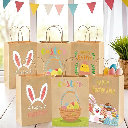 أكياس هدايا عيد الفصح من كرافت، 18 قطعة من أكياس الورق الجيدة لعيد الفصح مع مقابض حقائب هدايا لحفلات عيد الفصح للعب الحلوى والبسكويت in Kuwait