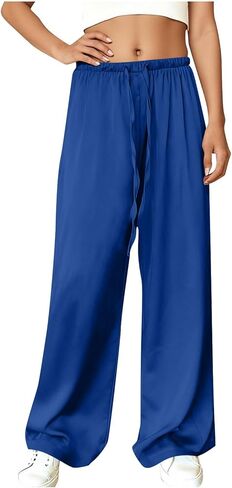 Womens Satin Wide Leg Dress Pants Silk Casual Dressy Flowy Long Pants Drawstring Elastic High Waisted Trousers in Saudi Arabia