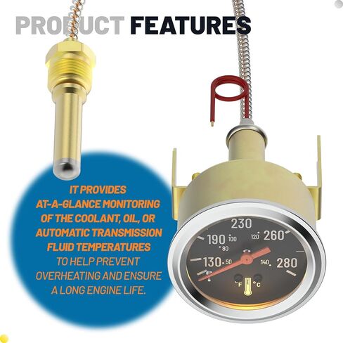 7-123 Water Temperature Gauge 50-140°C/130-280°F Coolant Temp Gauge Kit Mechanical Universal Fit for Automotive, Car, Truck, Motorcycle and Marine Engines in Saudi Arabia