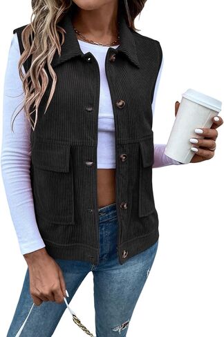 WDIRARA Women's Button Front Sleeveless Collar Corduroy Vest Jacket with Pocket in Saudi Arabia