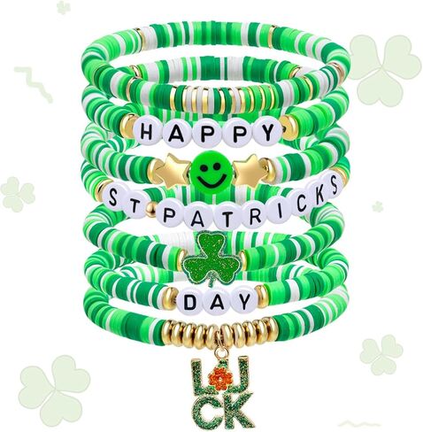Artlunar St. Patrick's Day Bracelets for Men Women Teens Shamrock&Luck Charm Green Clay Beads Stretch Bracelets St. Patrick's Gifts Party Outfits Accessories in Saudi Arabia
