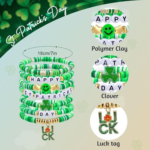 Artlunar St. Patrick's Day Bracelets for Men Women Teens Shamrock&Luck Charm Green Clay Beads Stretch Bracelets St. Patrick's Gifts Party Outfits Accessories in Saudi Arabia